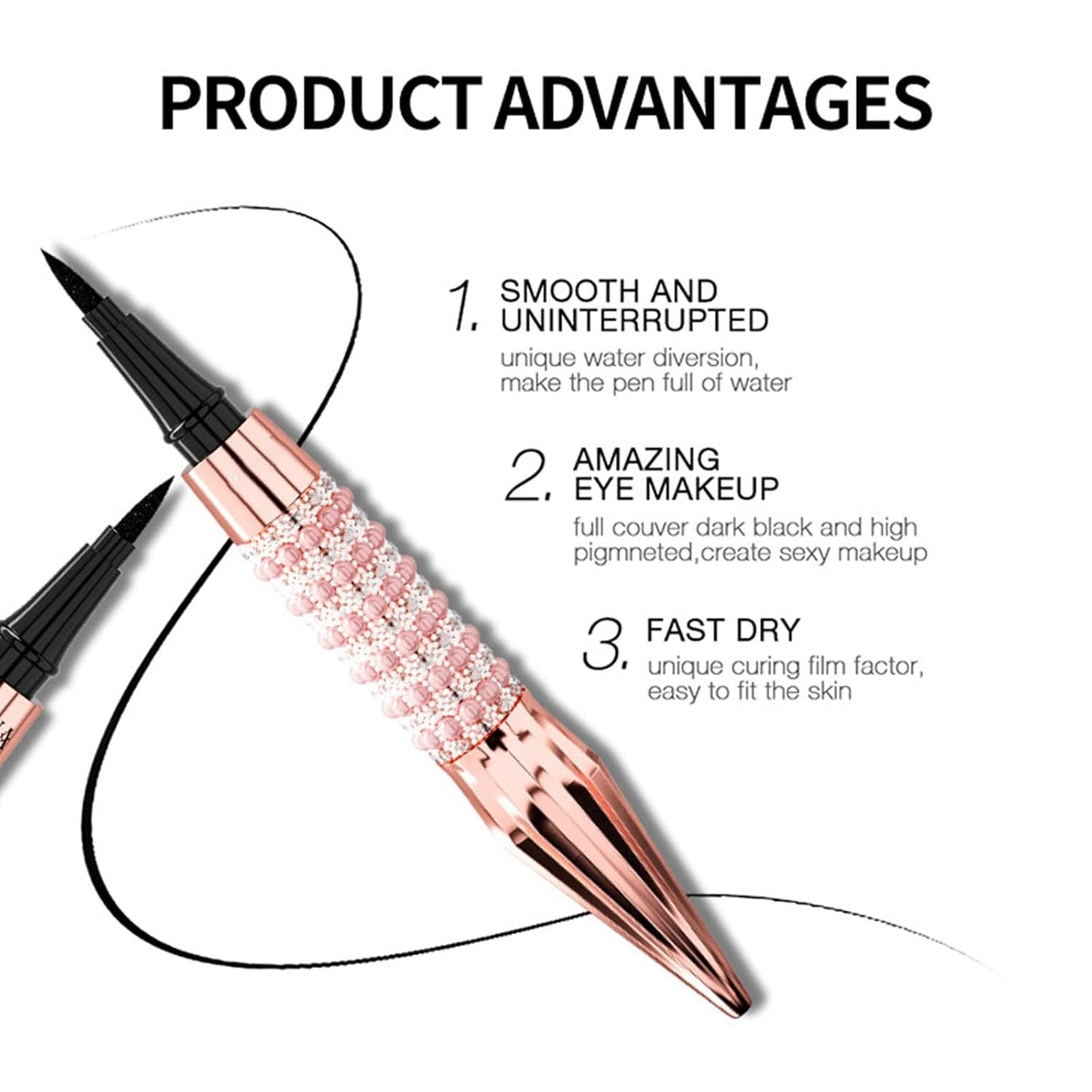 YANQINA Women's Liquid Eyeliner, Shiny Rhinestone Queen's Scepter Stick Rose Gold Tube, 24 H Eyeliner Pen, Quick Drying Sweat Proof Lasting Makeup Liner for Eyes, 1 ml