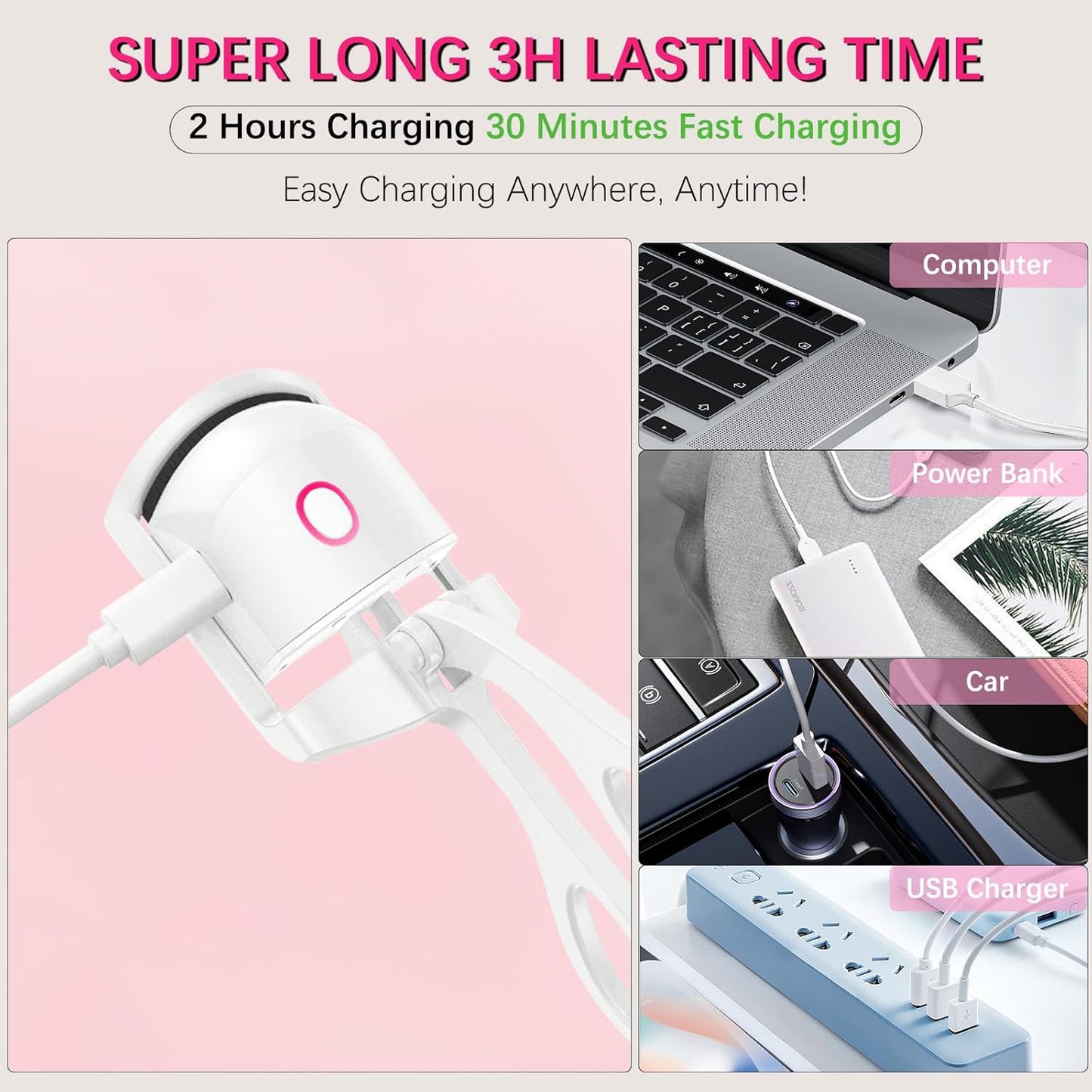 Rapid Heated Lash Curler, Heated Eyelash Curlers, 2 Tempreture Setting & USB Rechargeable Eye Lash Curler,Quick Natural Curling for Long Lasting with Sensing Heating Silicone Pad