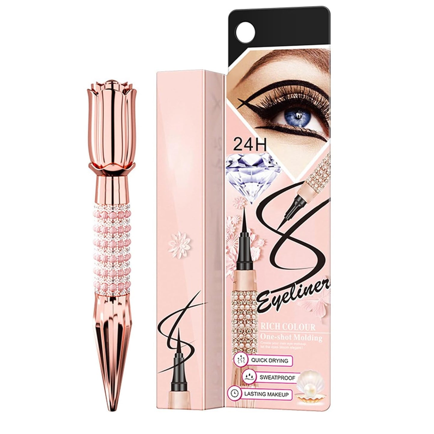 YANQINA Women's Liquid Eyeliner, Shiny Rhinestone Queen's Scepter Stick Rose Gold Tube, 24 H Eyeliner Pen, Quick Drying Sweat Proof Lasting Makeup Liner for Eyes, 1 ml