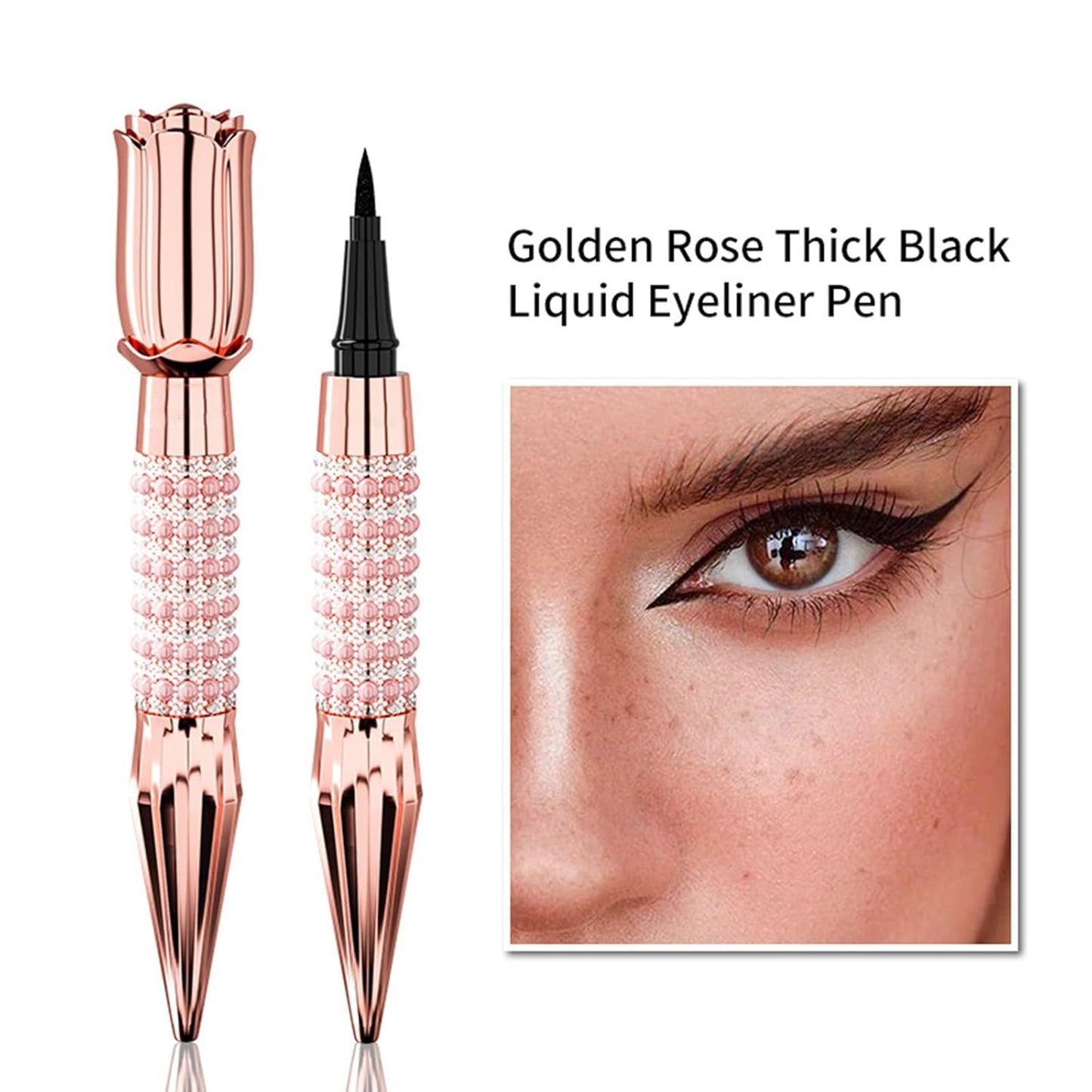 YANQINA Women's Liquid Eyeliner, Shiny Rhinestone Queen's Scepter Stick Rose Gold Tube, 24 H Eyeliner Pen, Quick Drying Sweat Proof Lasting Makeup Liner for Eyes, 1 ml